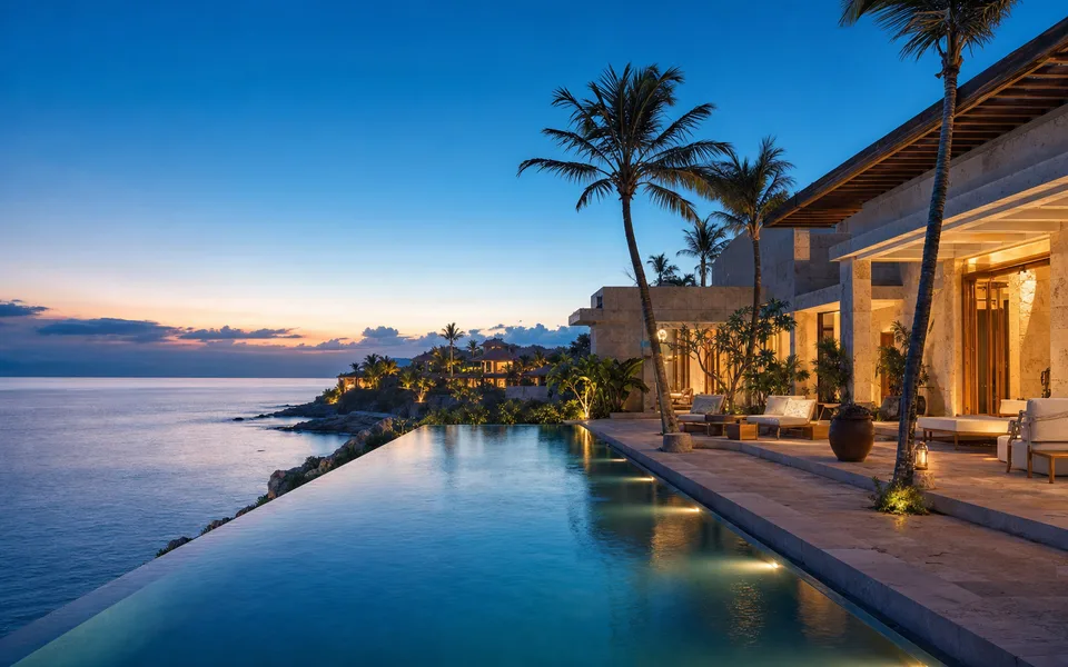 Fictional Narra Coast resort at blue hour, with a pool, palms and warm villas.